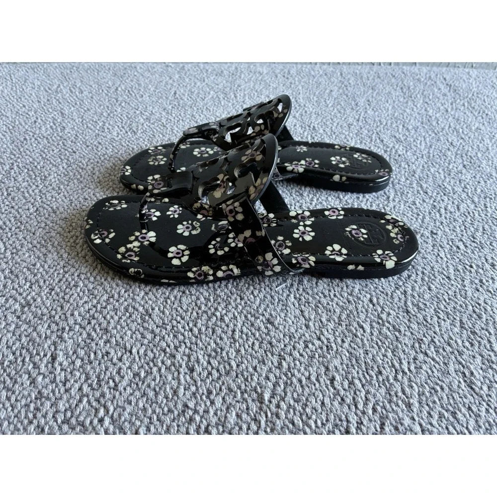 Tory Burch Miller Floral Patent Sandals Black Pink Women Size 4.5 M EU 35.5 - Picture 5 of 13
